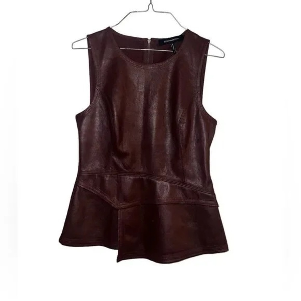 BCBGMaxazria Bittersweet Chocolate Faux Leather Sleeveless Peplum Top - Medium
